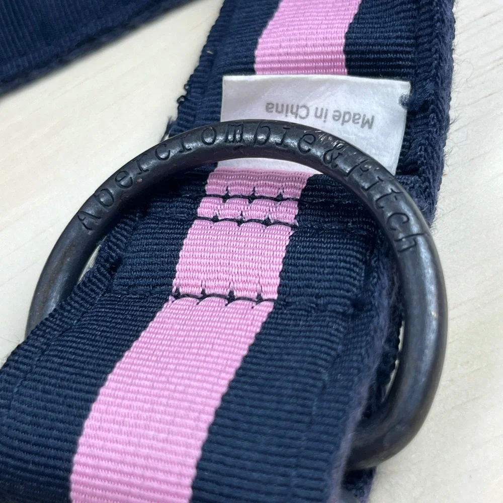 Abercrombie & Fitch Mens 36 Belt Navy Blue Pink Striped D-Ring Webbed Canvas